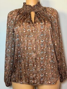 Ces Femme Brown Floral Smocked Neck Blouse